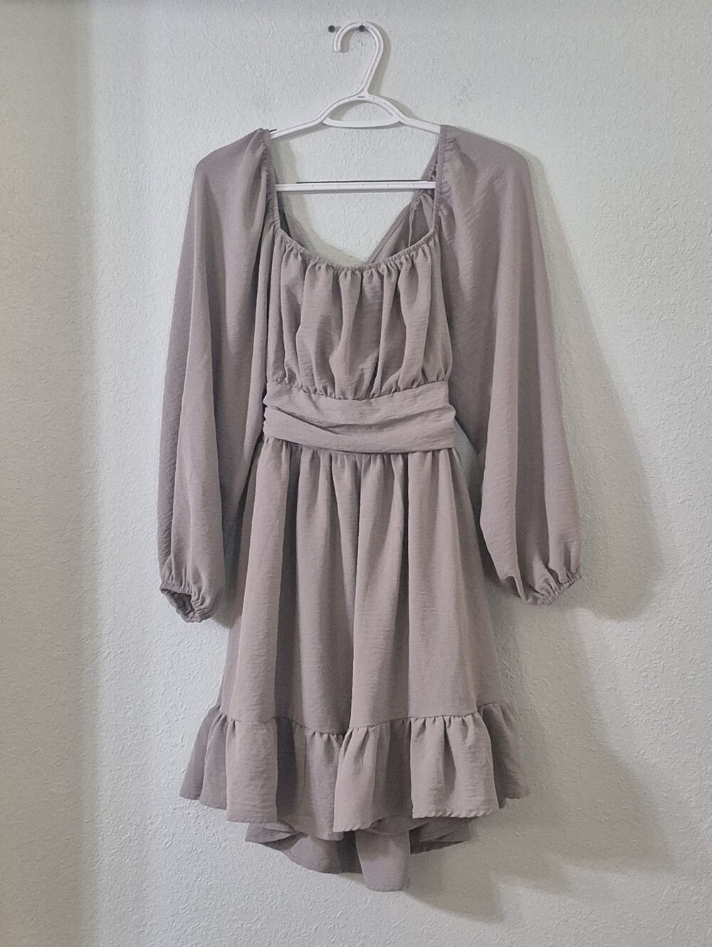 Long Sleeve Gray  Ruffle Waist Dress